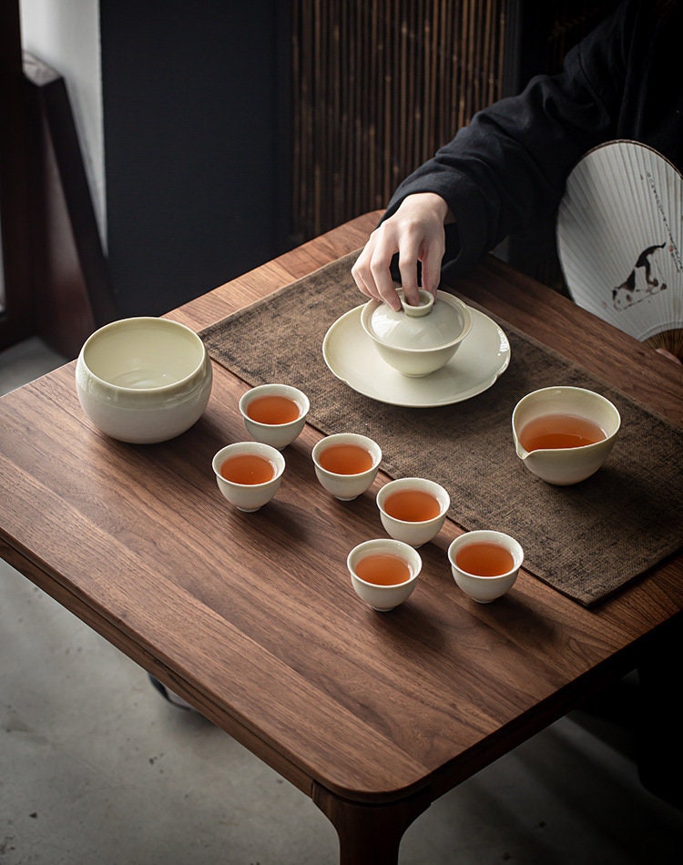 Complete Gaiwan Set for Gongfu Tea Ceremony, Wood Ash Glaze Thin Wall Gaiwan Set - 1 Gaiwan, 6 Cups, 1 Fairness Cup, and 1 Tea Basin