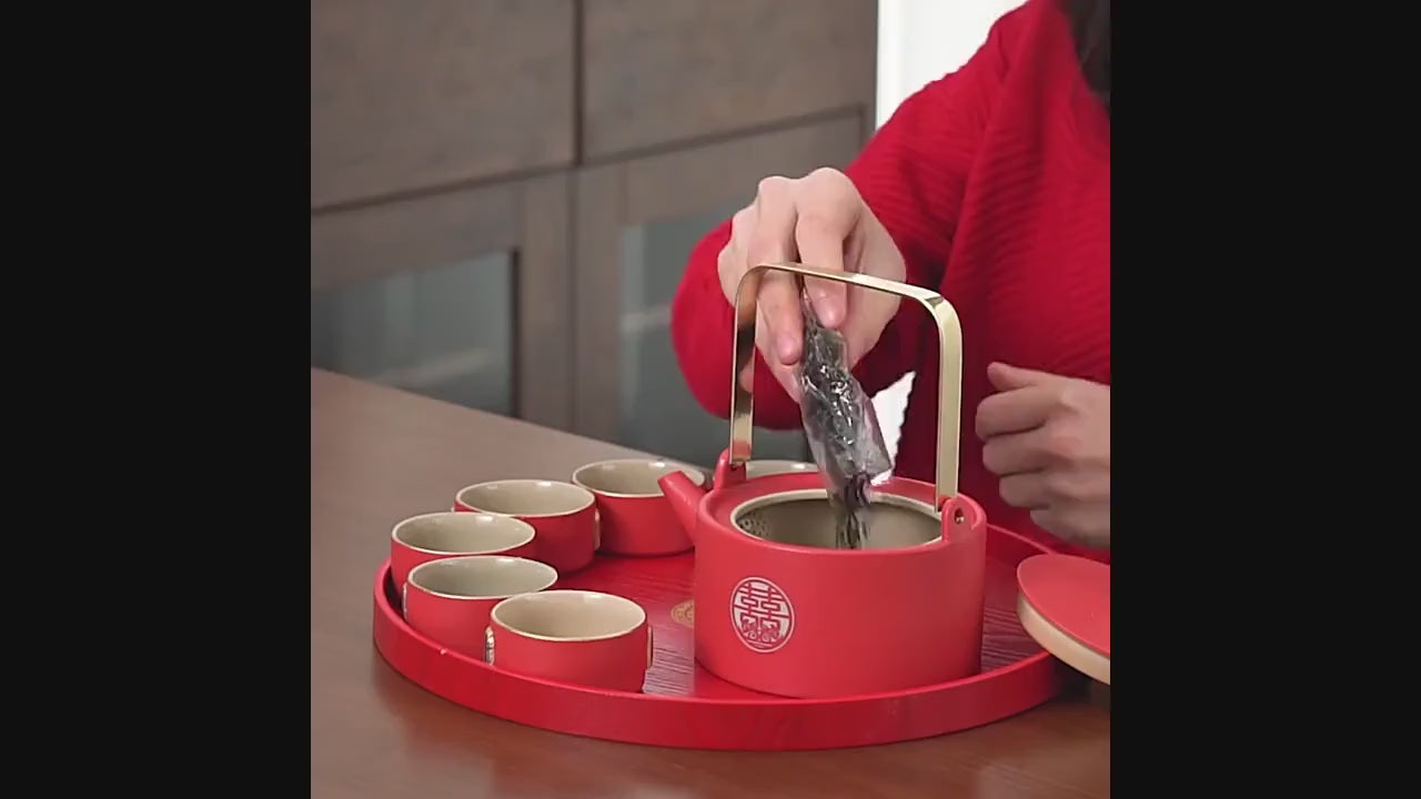 Chinese Wedding Tea Set, Double Happiness tea ceremony set, wedding tea ceremony set with Teapot, 6/10 Cups and Tea Tray, Wedding Gift