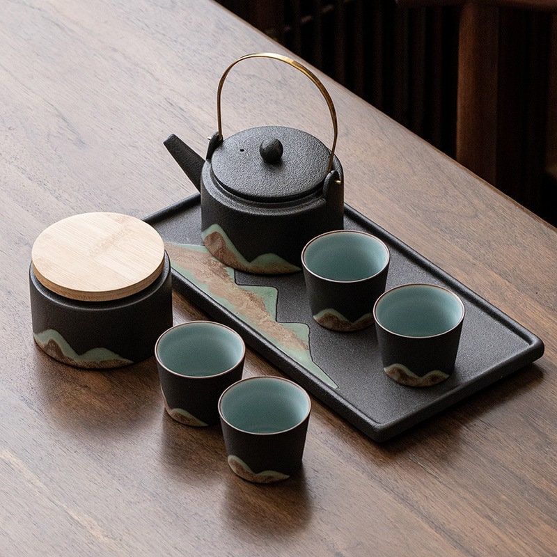 Chinese Tea Set ‘Distant Mountains’, Japanese Zen style, Kung Fu Teapot set with Tea Cups, Tea Tray and 1 Tea Jar, Gift to Gongfu Tea Lovers