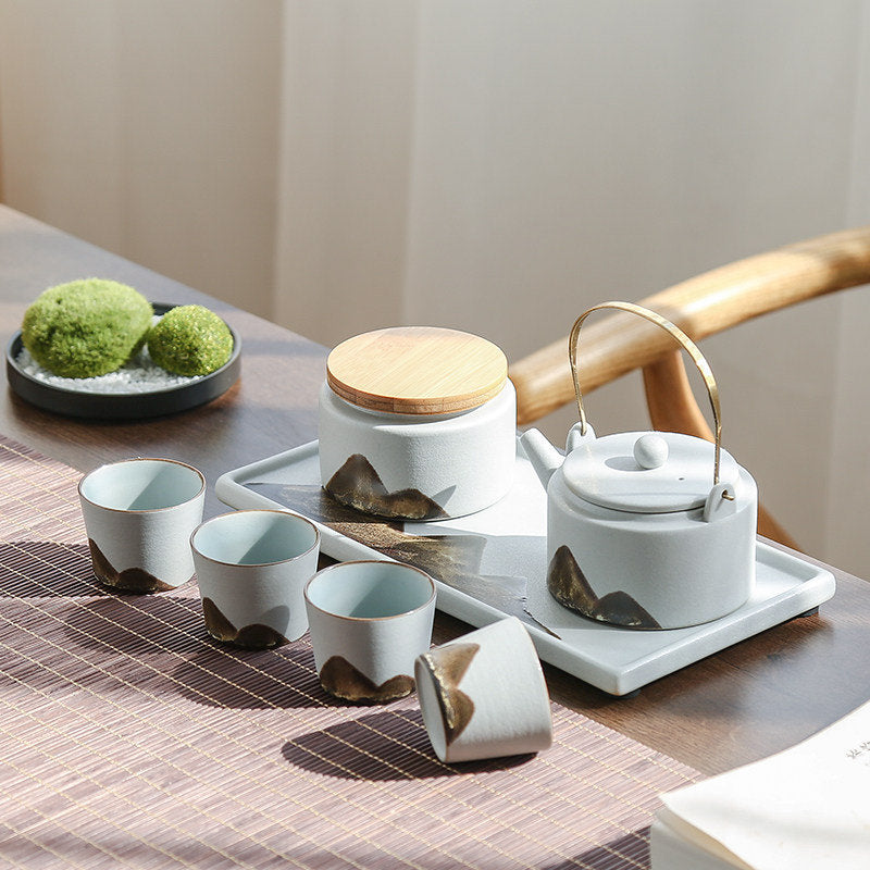 Chinese Tea Set ‘Distant Mountains’, Japanese Zen style, Kung Fu Teapot set with Tea Cups, Tea Tray and 1 Tea Jar, Gift to Gongfu Tea Lovers