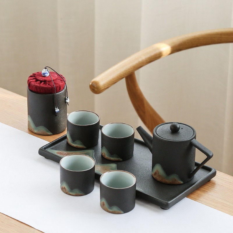 Ceramic Gongfu Tea Set, Japanese Zen style Teapot Set, Teapot Set with Cups, Tea Caddy and Tray, Traditional Kungfu Loose Leaf Tea Set