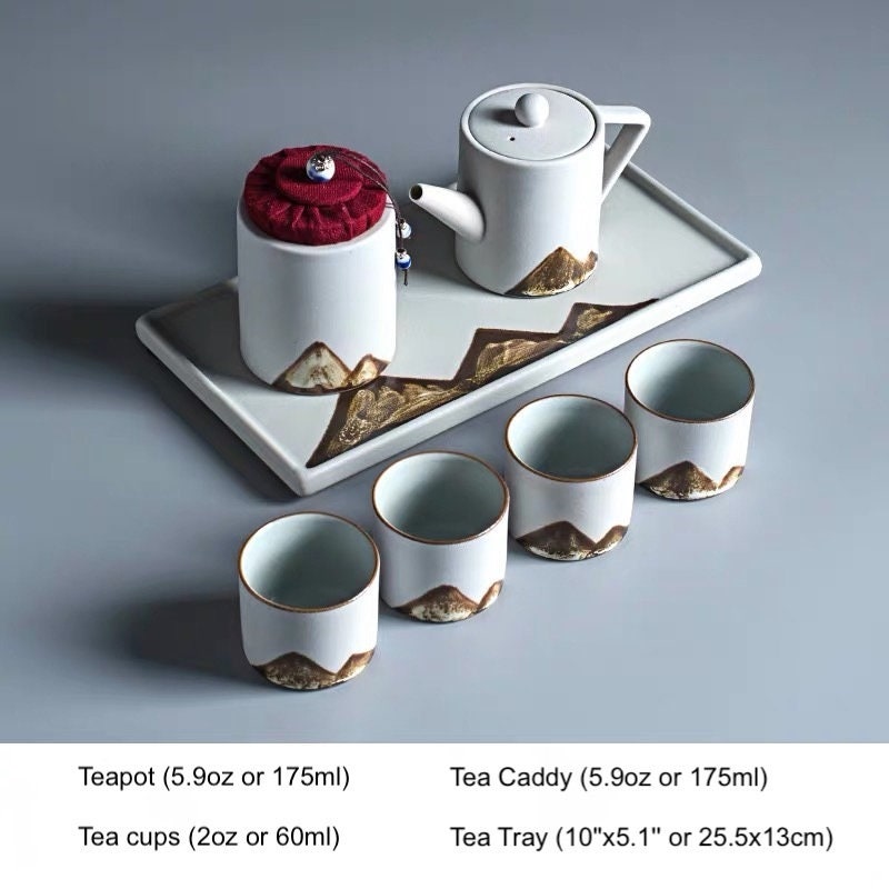 Ceramic Gongfu Tea Set, Japanese Zen style Teapot Set, Teapot Set with Cups, Tea Caddy and Tray, Traditional Kungfu Loose Leaf Tea Set