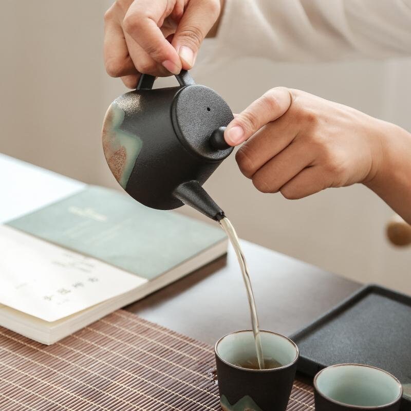 Ceramic Tea Set ‘Distant Mountains’, Japanese Zen style, Kung Fu Tea set with cone shaped teapot, cups, canisters & tea tray in a gift box