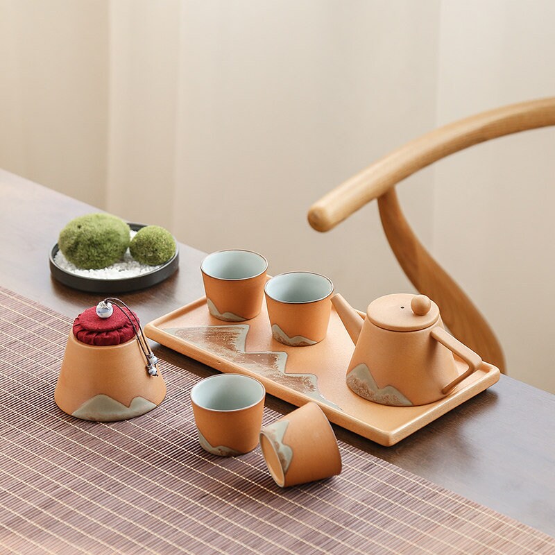 Ceramic Tea Set ‘Distant Mountains’, Japanese Zen style, Kung Fu Tea set with cone shaped teapot, cups, canisters & tea tray in a gift box