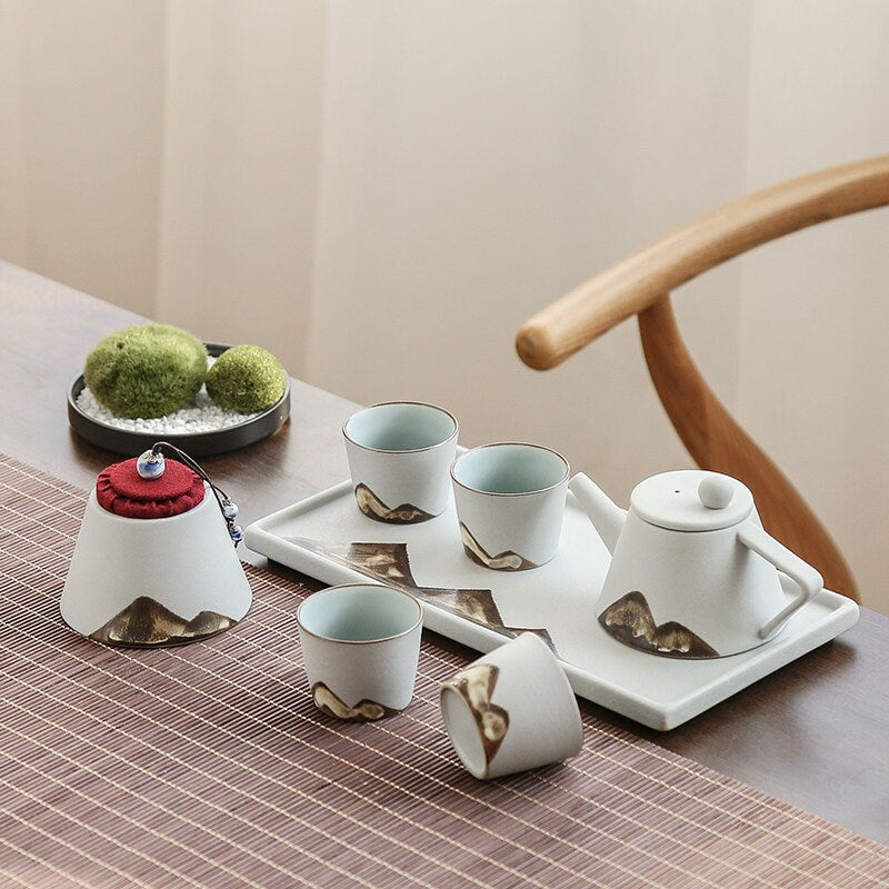 Ceramic Tea Set ‘Distant Mountains’, Japanese Zen style, Kung Fu Tea set with cone shaped teapot, cups, canisters & tea tray in a gift box