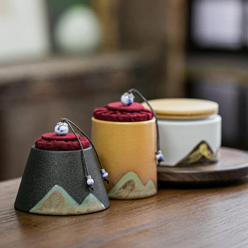 Ceramic Tea Canister ‘Distant Mountains’ | Ceramic Tea Jars |Kung Fu Tea Container| Ceramic Tea Caddy, 3 colors - Black, White and Yellow