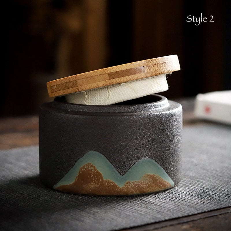 Ceramic Tea Canister ‘Distant Mountains’ | Ceramic Tea Jars |Kung Fu Tea Container| Ceramic Tea Caddy, 3 colors - Black, White and Yellow