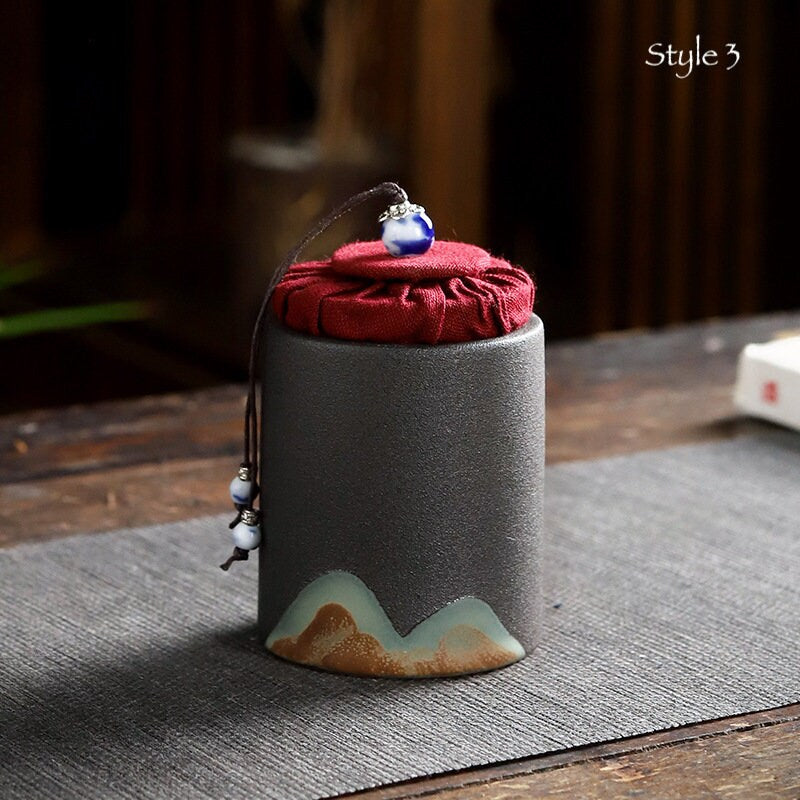 Ceramic Tea Canister ‘Distant Mountains’ | Ceramic Tea Jars |Kung Fu Tea Container| Ceramic Tea Caddy, 3 colors - Black, White and Yellow