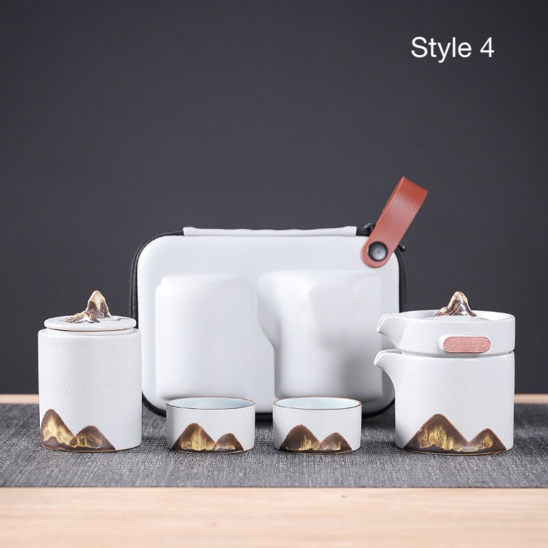Ceramic Travel Tea Set ‘Distant Mountains’ | Japanese Portable Tea Set for 2 | Chinese Kung Fu Travel Tea Set with Case, 4 style 2 colors