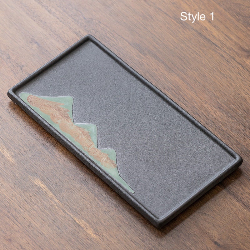 Ceramic Tea Tray ‘Distant Mountains’ |Japanese style Kung Fu Tea Set ceramic tray | Tea tray 2 styles in 3 colors- White, Black and Yellow