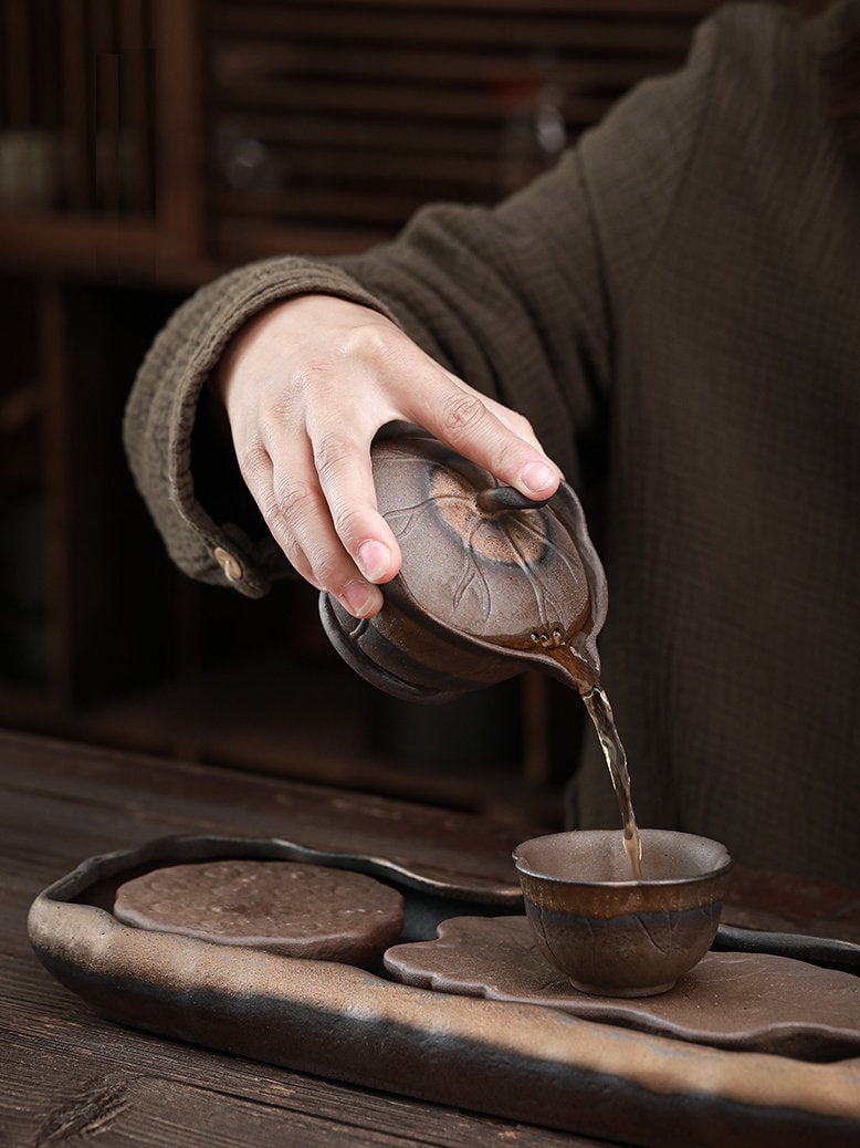 Lotus Pond Theme Gongfu Teapot Set /Handmade Kung Fu Tea Set with Teapot, Cups & Tea Tray /Retro Style Tea Set / Unique Tea Set Gift