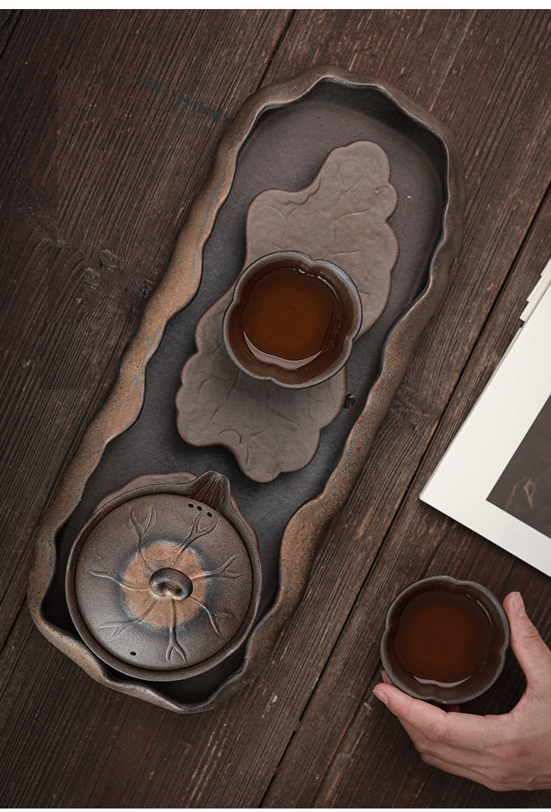 Lotus Pond Theme Gongfu Teapot Set /Handmade Kung Fu Tea Set with Teapot, Cups & Tea Tray /Retro Style Tea Set / Unique Tea Set Gift