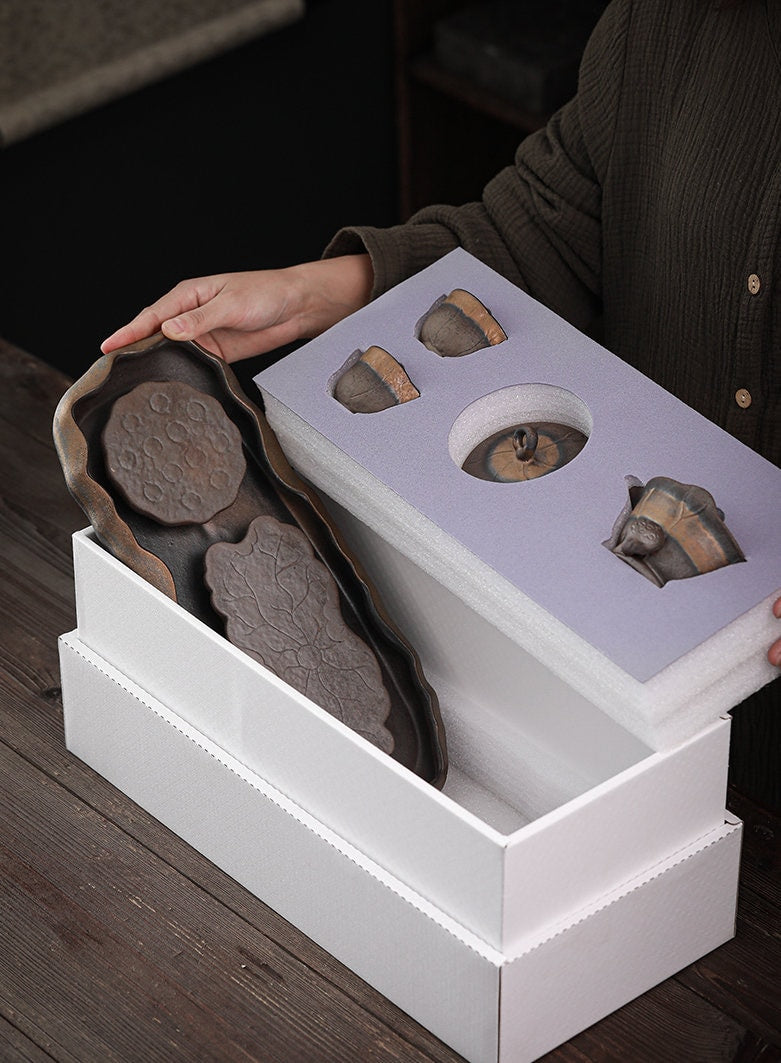 Lotus Pond Theme Gongfu Teapot Set /Handmade Kung Fu Tea Set with Teapot, Cups & Tea Tray /Retro Style Tea Set / Unique Tea Set Gift