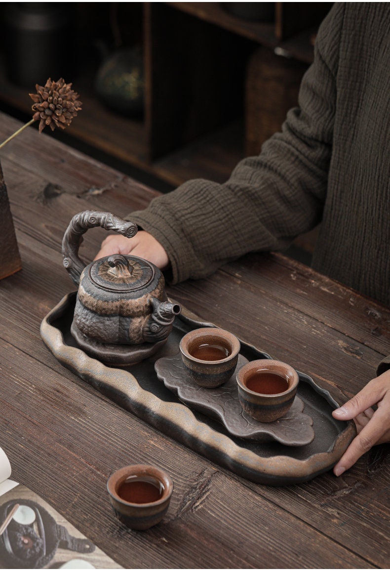 Lotus Pond Ceramic Gongfu Tea Tray / Handmade Tea Tray for Kung Fu Tea Ceremony / Retro Coarse Pottery Tea Tray - 2 Style