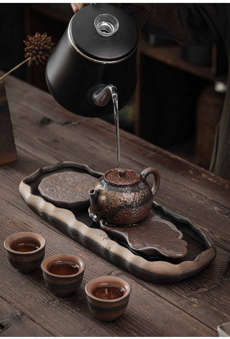 Lotus Pond Ceramic Gongfu Tea Tray / Handmade Tea Tray for Kung Fu Tea Ceremony / Retro Coarse Pottery Tea Tray - 2 Style