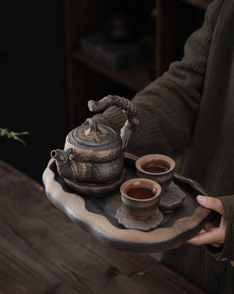 Lotus Pond Ceramic Gongfu Tea Tray / Handmade Tea Tray for Kung Fu Tea Ceremony / Retro Coarse Pottery Tea Tray - 2 Style