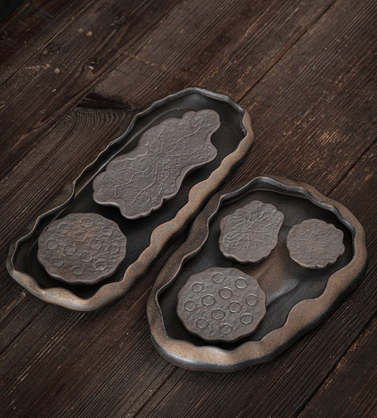Lotus Pond Ceramic Gongfu Tea Tray / Handmade Tea Tray for Kung Fu Tea Ceremony / Retro Coarse Pottery Tea Tray - 2 Style