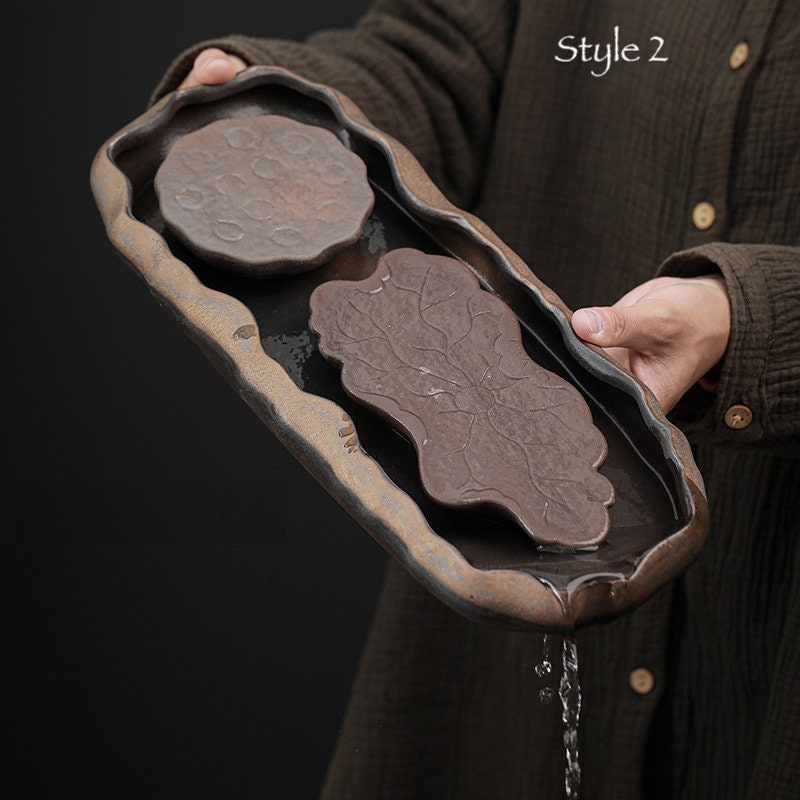 Lotus Pond Ceramic Gongfu Tea Tray / Handmade Tea Tray for Kung Fu Tea Ceremony / Retro Coarse Pottery Tea Tray - 2 Style