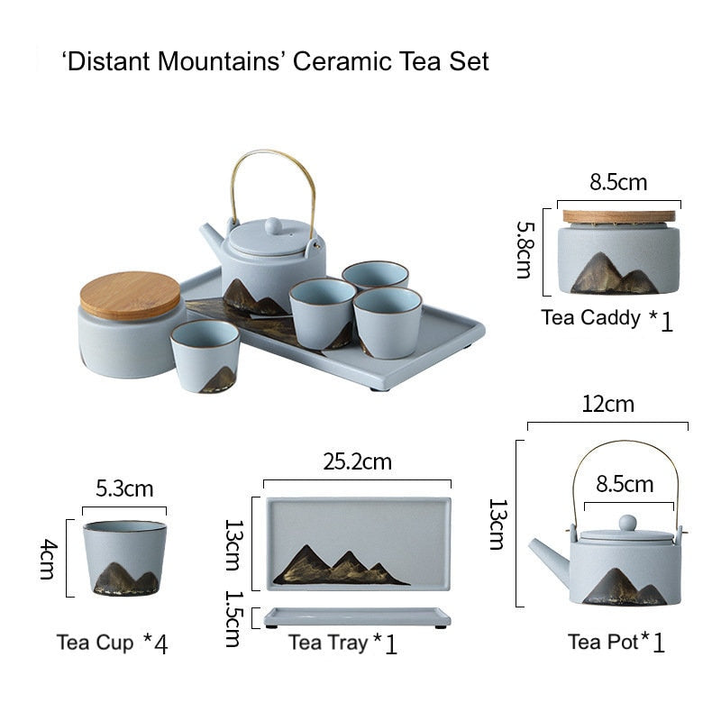 Chinese Tea Set ‘Distant Mountains’, Japanese Zen style, Kung Fu Teapot set with Tea Cups, Tea Tray and 1 Tea Jar, Gift to Gongfu Tea Lovers