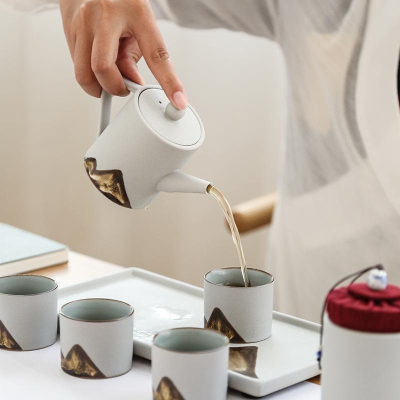 Ceramic Gongfu Tea Set, Japanese Zen style Teapot Set, Teapot Set with Cups, Tea Caddy and Tray, Traditional Kungfu Loose Leaf Tea Set