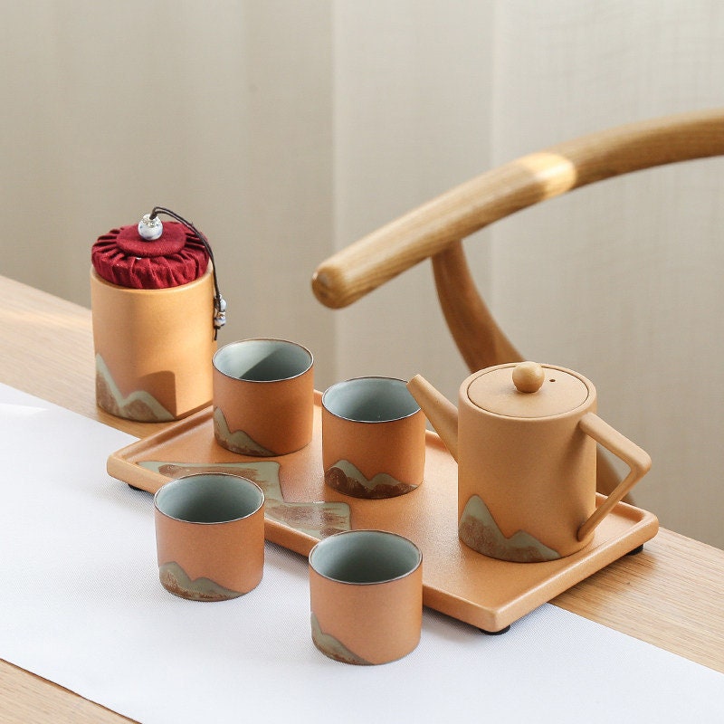 Ceramic Gongfu Tea Set, Japanese Zen style Teapot Set, Teapot Set with Cups, Tea Caddy and Tray, Traditional Kungfu Loose Leaf Tea Set
