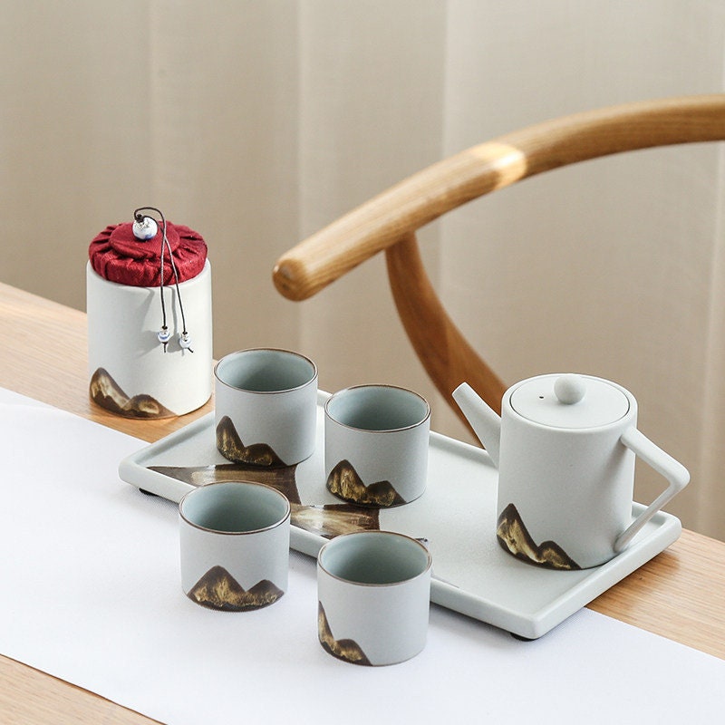 Ceramic Gongfu Tea Set, Japanese Zen style Teapot Set, Teapot Set with Cups, Tea Caddy and Tray, Traditional Kungfu Loose Leaf Tea Set