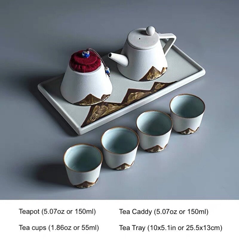 Ceramic Tea Set ‘Distant Mountains’, Japanese Zen style, Kung Fu Tea set with cone shaped teapot, cups, canisters & tea tray in a gift box
