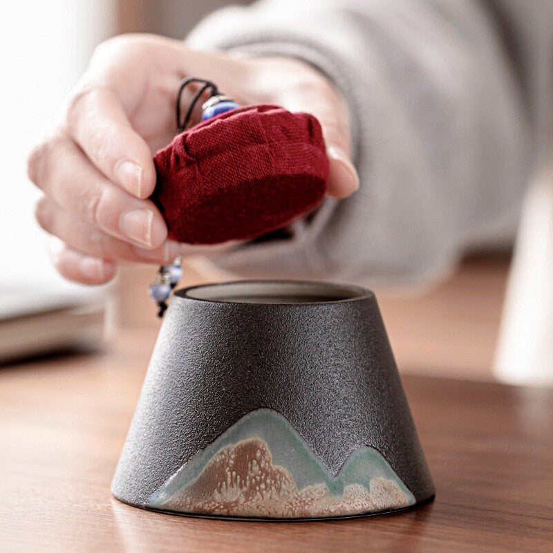 Ceramic Tea Set ‘Distant Mountains’, Japanese Zen style, Kung Fu Tea set with cone shaped teapot, cups, canisters & tea tray in a gift box