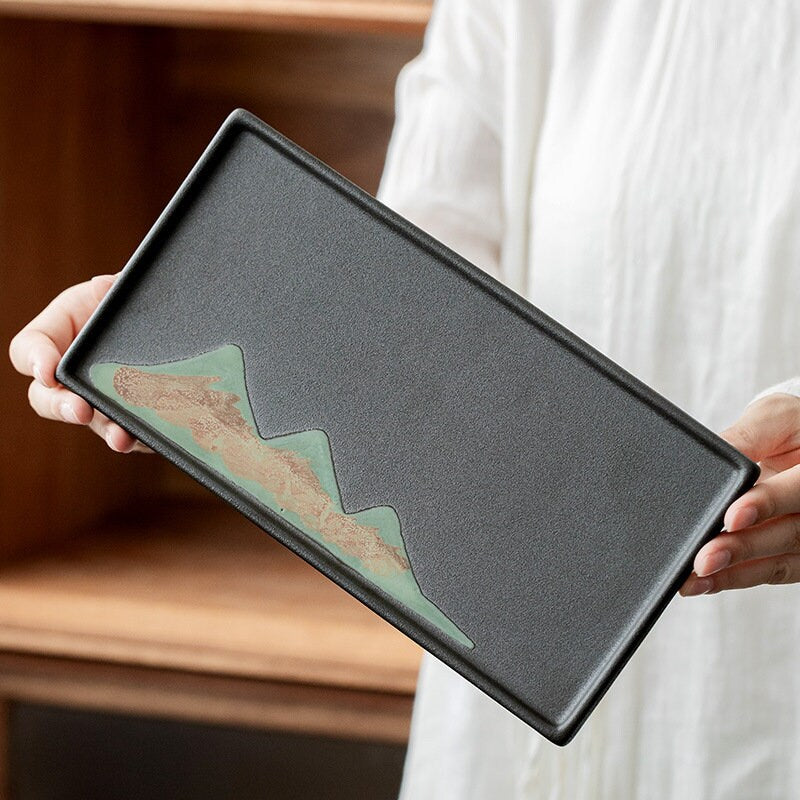 Ceramic Tea Set ‘Distant Mountains’, Japanese Zen style, Kung Fu Tea set with cone shaped teapot, cups, canisters & tea tray in a gift box