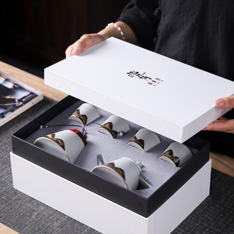 Ceramic Tea Set ‘Distant Mountains’, Japanese Zen style, Kung Fu Tea set with cone shaped teapot, cups, canisters & tea tray in a gift box