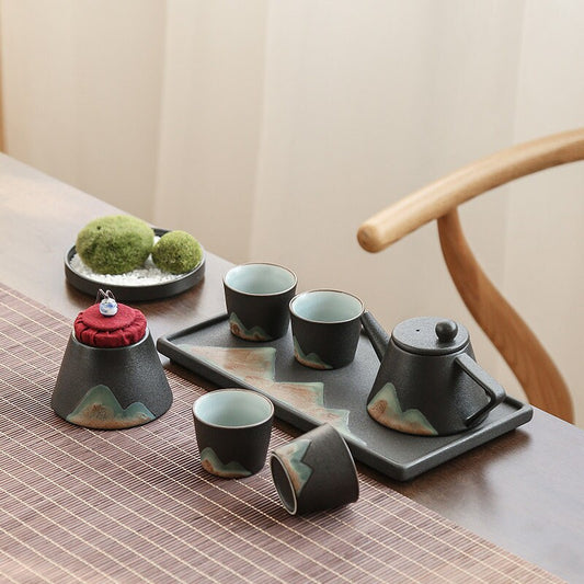 Ceramic Tea Set ‘Distant Mountains’, Japanese Zen style, Kung Fu Tea set with cone shaped teapot, cups, canisters & tea tray in a gift box