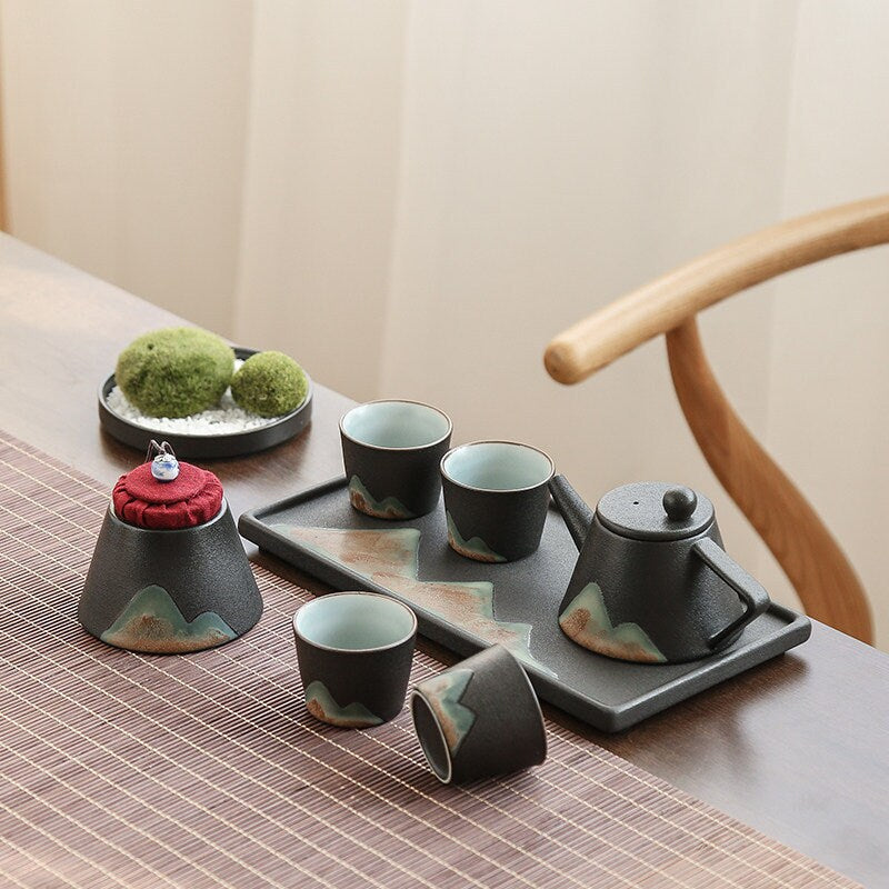 Ceramic Tea Set ‘Distant Mountains’, Japanese Zen style, Kung Fu Tea set with cone shaped teapot, cups, canisters & tea tray in a gift box