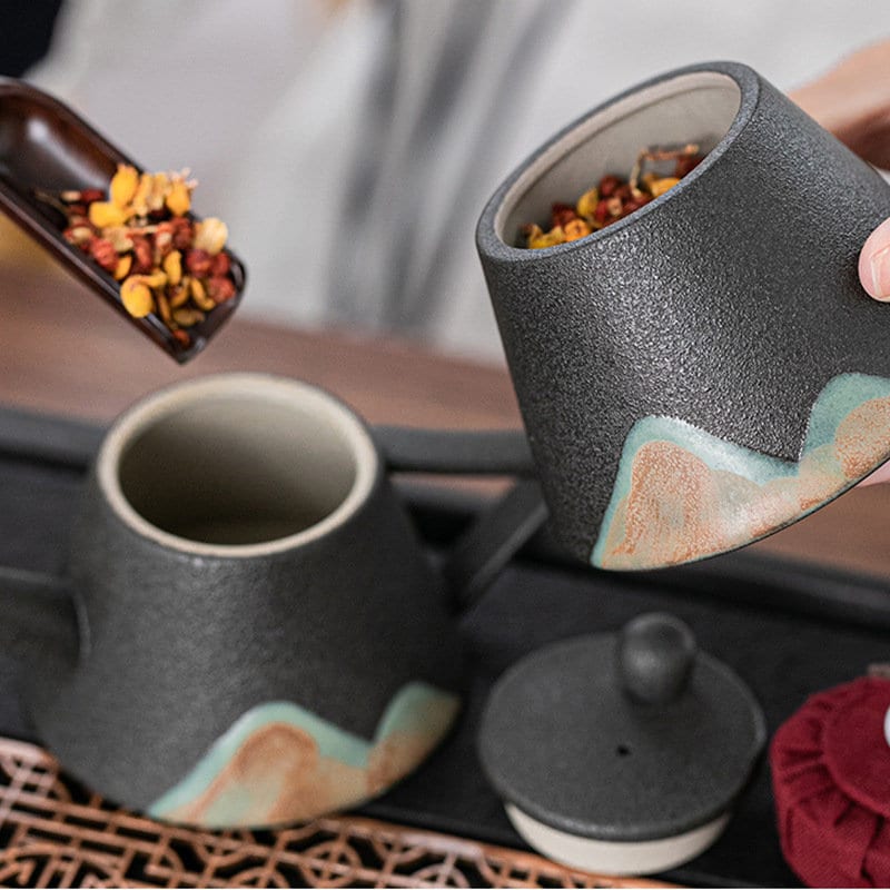 Ceramic Tea Canister ‘Distant Mountains’ | Ceramic Tea Jars |Kung Fu Tea Container| Ceramic Tea Caddy, 3 colors - Black, White and Yellow