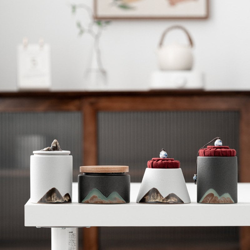 Ceramic Tea Canister ‘Distant Mountains’ | Ceramic Tea Jars |Kung Fu Tea Container| Ceramic Tea Caddy, 3 colors - Black, White and Yellow
