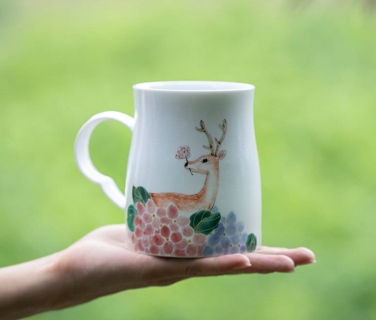 Hand Painted Deer Mug, Large Handmade Coffee Mug, Beautiful Porcelain Mug Gift for her