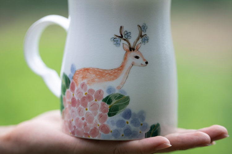 Hand Painted Deer Mug, Large Handmade Coffee Mug, Beautiful Porcelain Mug Gift for her