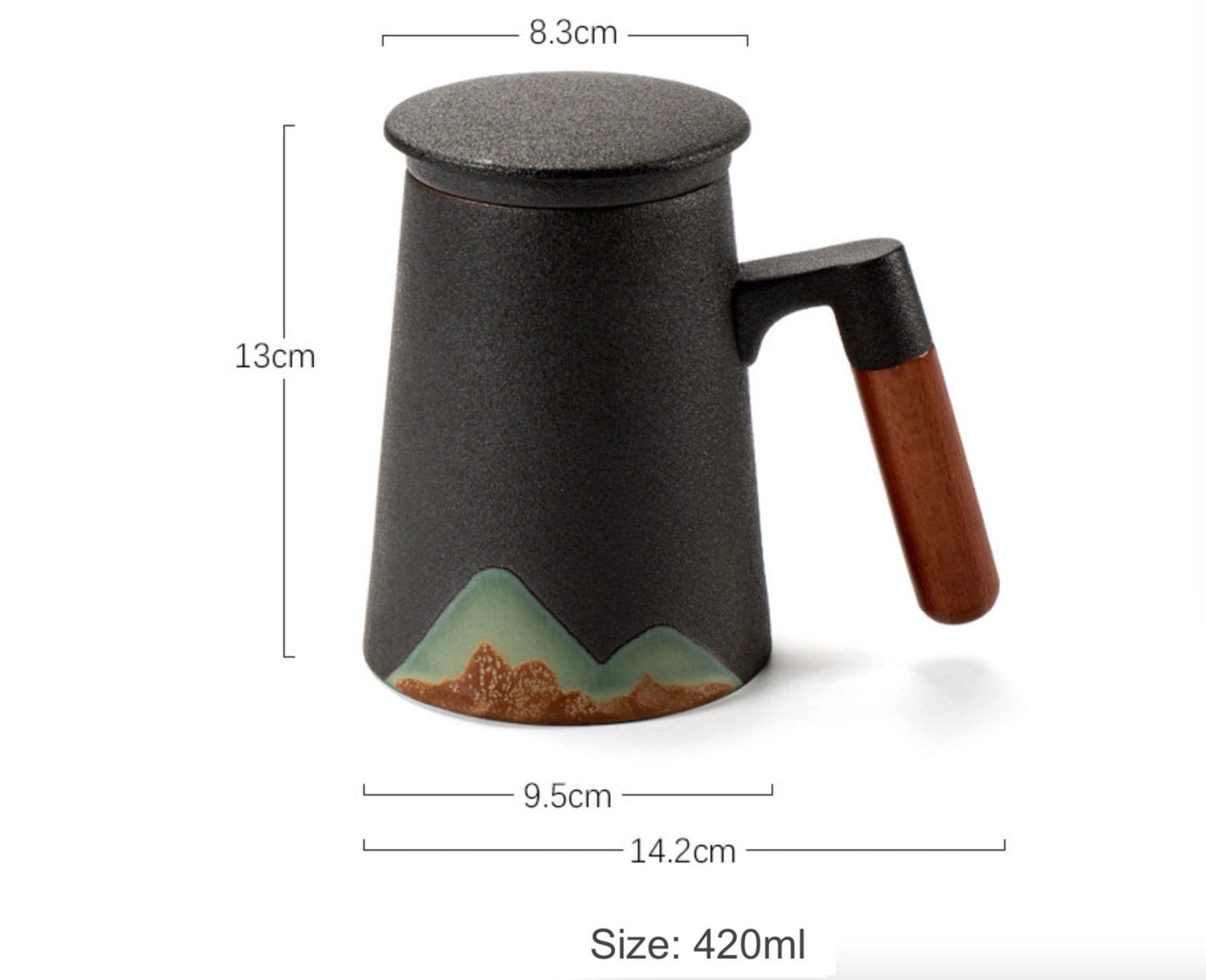 Tea Infuser Mug with Lid 13.5oz ‘Distant Mountains’| Wooden Handle Tea Mug| Black White Coffee Tea Cup| Mug Set | Tea Mug Gift
