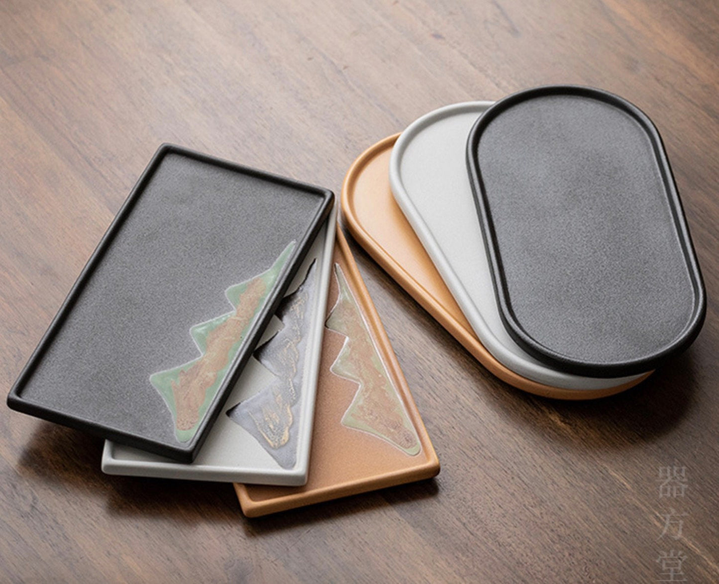 Ceramic Tea Tray ‘Distant Mountains’ |Japanese style Kung Fu Tea Set ceramic tray | Tea tray 2 styles in 3 colors- White, Black and Yellow