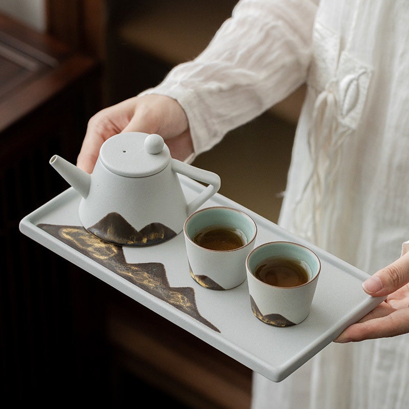 Ceramic Tea Tray ‘Distant Mountains’ |Japanese style Kung Fu Tea Set ceramic tray | Tea tray 2 styles in 3 colors- White, Black and Yellow