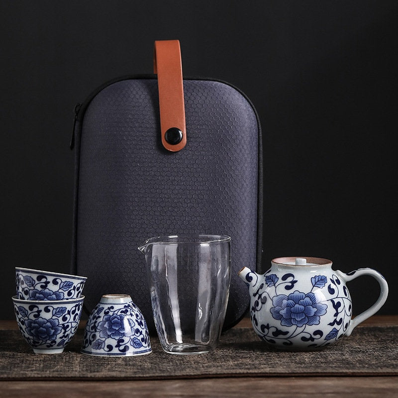 Handmade Gongfu Travel Tea Set, Portable Blue White China Pattern Kung Fu Tea Set with 1 Teapot, 3 Cups and 1 Pitcher, gift to tea lovers