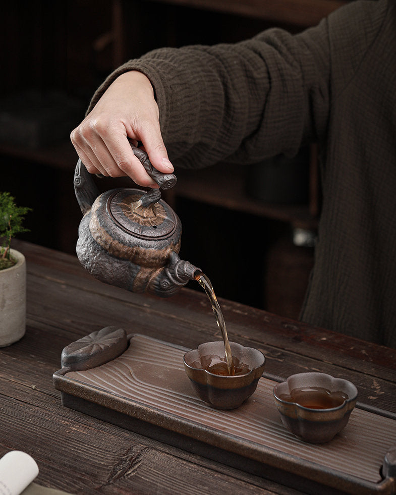 Ceramic Chinese Tea Set in Pumpkin Style/ Handmade Kungfu Tea Set - Teapot, 2 Tea Cups & Tea Tray / Stoneware TeaPot Set / Tea Lover Gift