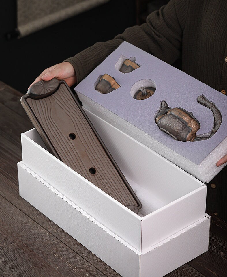 Ceramic Chinese Tea Set in Pumpkin Style/ Handmade Kungfu Tea Set - Teapot, 2 Tea Cups & Tea Tray / Stoneware TeaPot Set / Tea Lover Gift