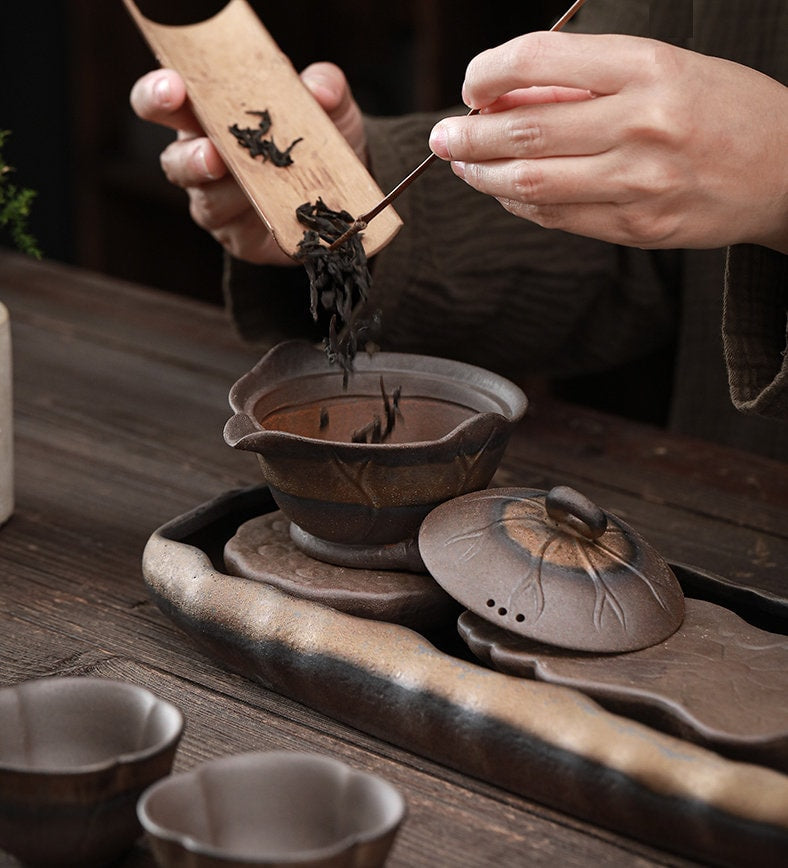 Lotus Pond Theme Gongfu Teapot Set /Handmade Kung Fu Tea Set with Teapot, Cups & Tea Tray /Retro Style Tea Set / Unique Tea Set Gift