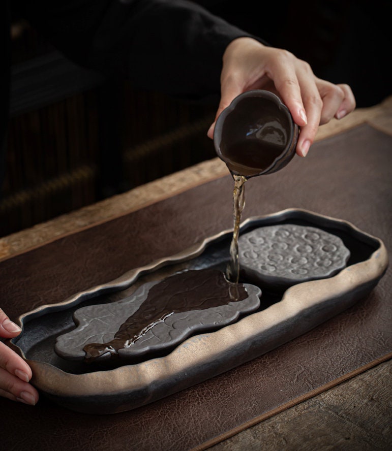 Lotus Pond Ceramic Gongfu Tea Tray / Handmade Tea Tray for Kung Fu Tea Ceremony / Retro Coarse Pottery Tea Tray - 2 Style