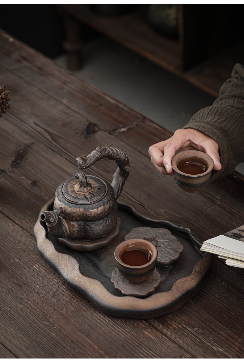 Lotus Pond Ceramic Gongfu Tea Tray / Handmade Tea Tray for Kung Fu Tea Ceremony / Retro Coarse Pottery Tea Tray - 2 Style