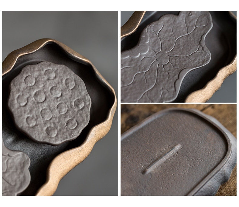 Lotus Pond Ceramic Gongfu Tea Tray / Handmade Tea Tray for Kung Fu Tea Ceremony / Retro Coarse Pottery Tea Tray - 2 Style