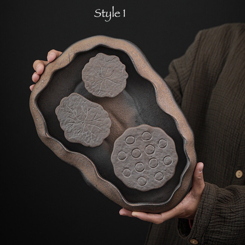 Lotus Pond Ceramic Gongfu Tea Tray / Handmade Tea Tray for Kung Fu Tea Ceremony / Retro Coarse Pottery Tea Tray - 2 Style