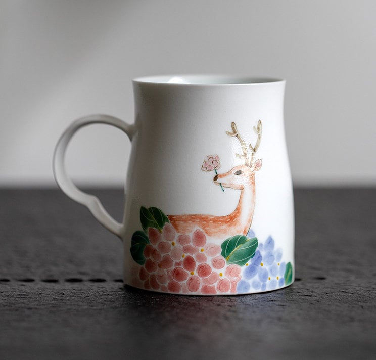 Hand Painted Deer Mug, Large Handmade Coffee Mug, Beautiful Porcelain Mug Gift for her