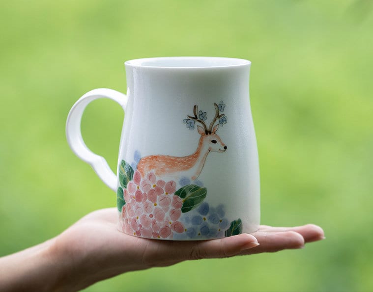Hand Painted Deer Mug, Large Handmade Coffee Mug, Beautiful Porcelain Mug Gift for her