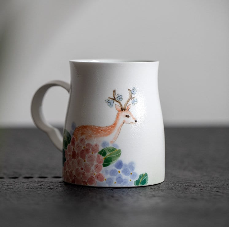 Hand Painted Deer Mug, Large Handmade Coffee Mug, Beautiful Porcelain Mug Gift for her